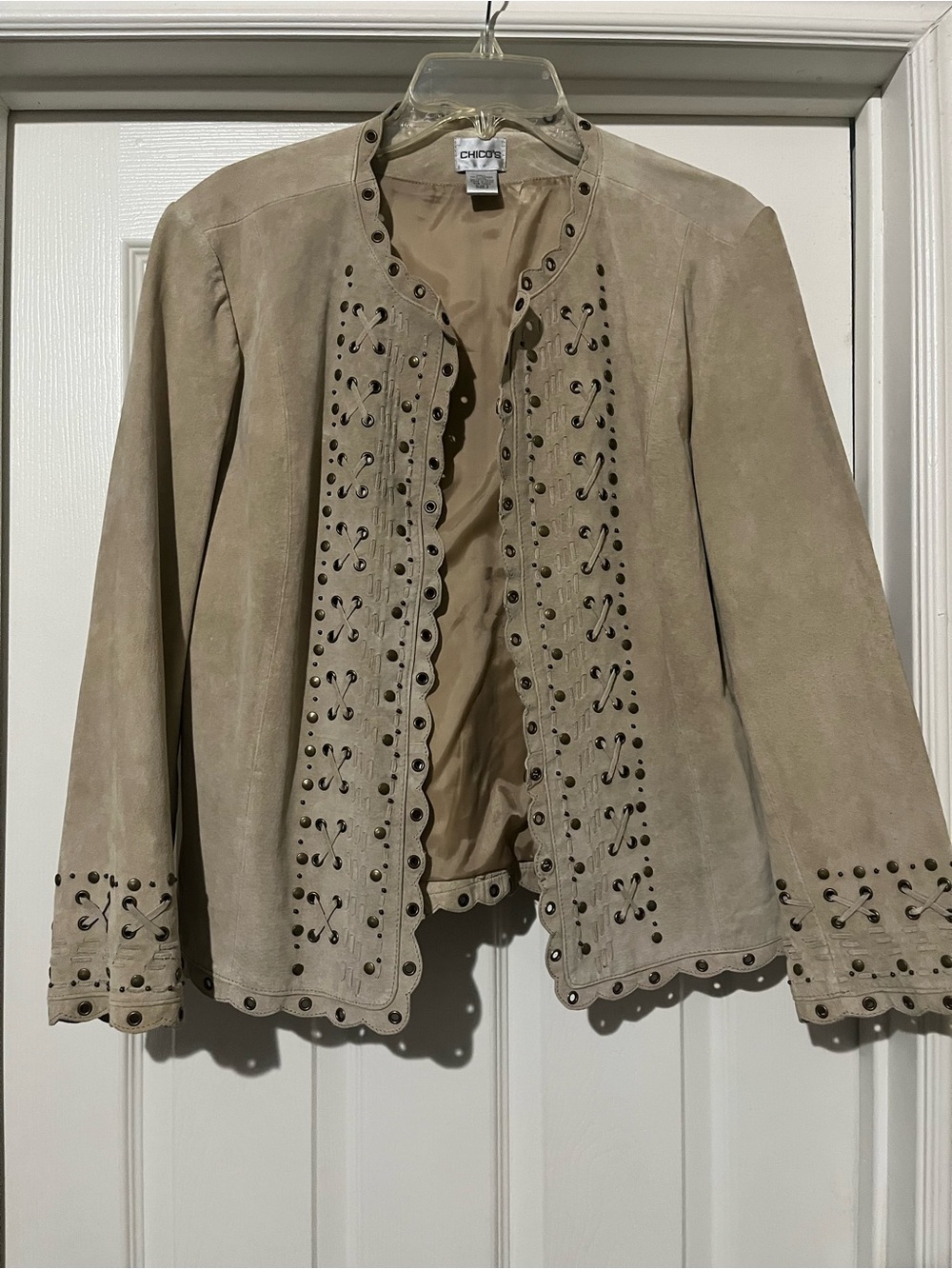 NWOT Chico's Suede Eyelet Scallop Jacket - Taupe